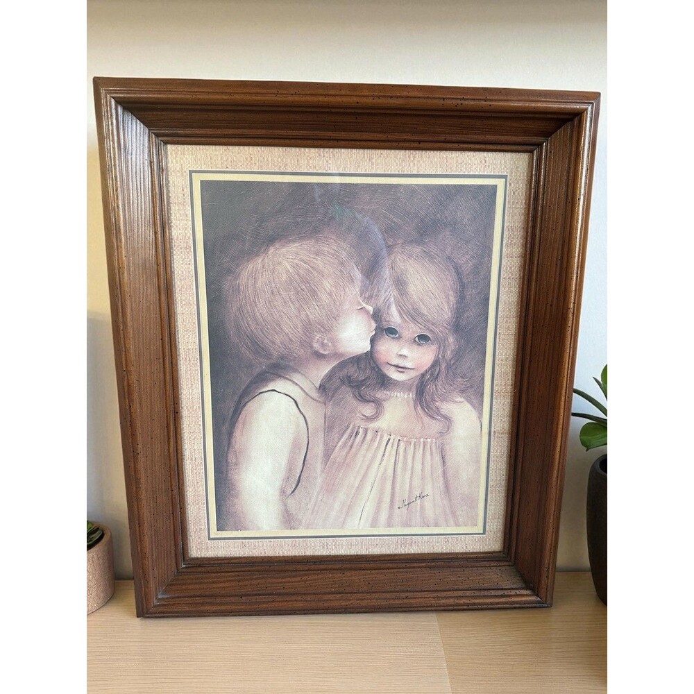 Margaret Keane A Little Kiss Big Eyes Boy Girl Framed MCM Vintage Art